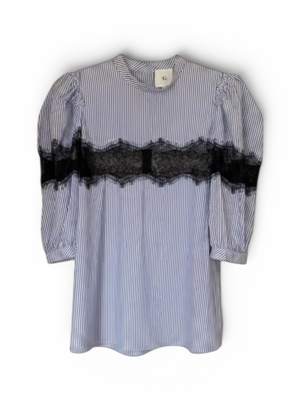 G. Label by Goop Blue and White Striped Short Sleeve Top with Black Lace | 8